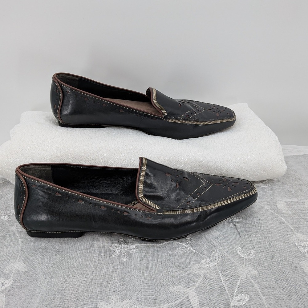 Career Professional Cole Haan City Black Leather Floral Pointed Toe Loafers 7.5M - Picture 2 of 8